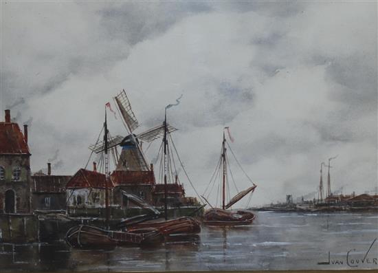 Jan Van Couver, watercolour, Dutch harbour scene, 19 x 26cm